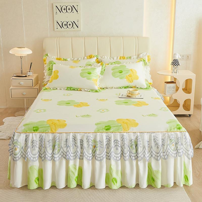 1PC Printed Bedding Set Lace Trim  Heightening Bed Skirt Pillowcase Set Anti-slip Mattress Cover Soft Comfortable Cotton Double