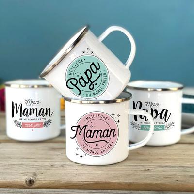 Best Dad & Mom In The World French Print Mug Camping Enamel Mugs Outdoor Drink Milk Coffee Cup Festive Birthday Gift for Dad Mom