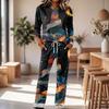 Set Pigiama Casual da Donna con Manica Lunga, Girocollo e Coulisse sui Pantaloni a Gamba Larga per Dormire e
