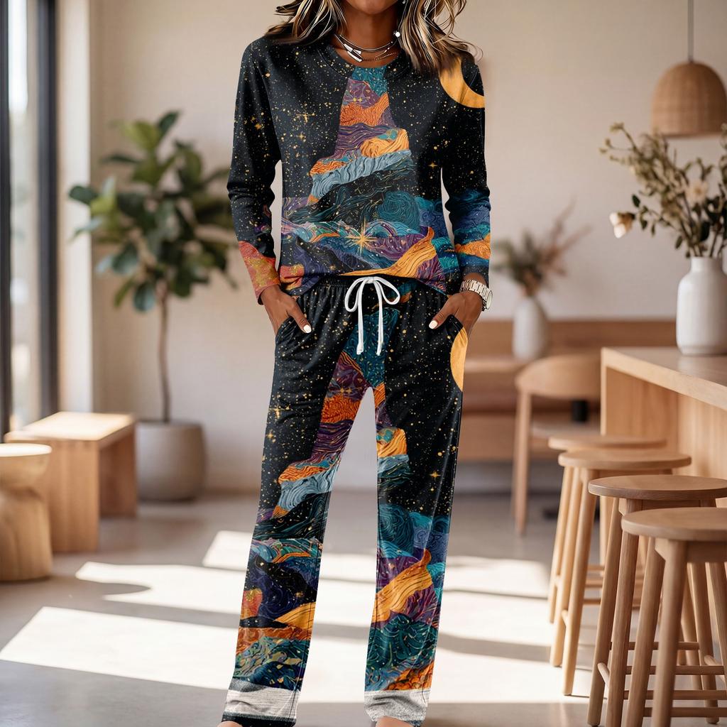 Set Pigiama Casual da Donna con Manica Lunga, Girocollo e Coulisse sui Pantaloni a Gamba Larga per Dormire e