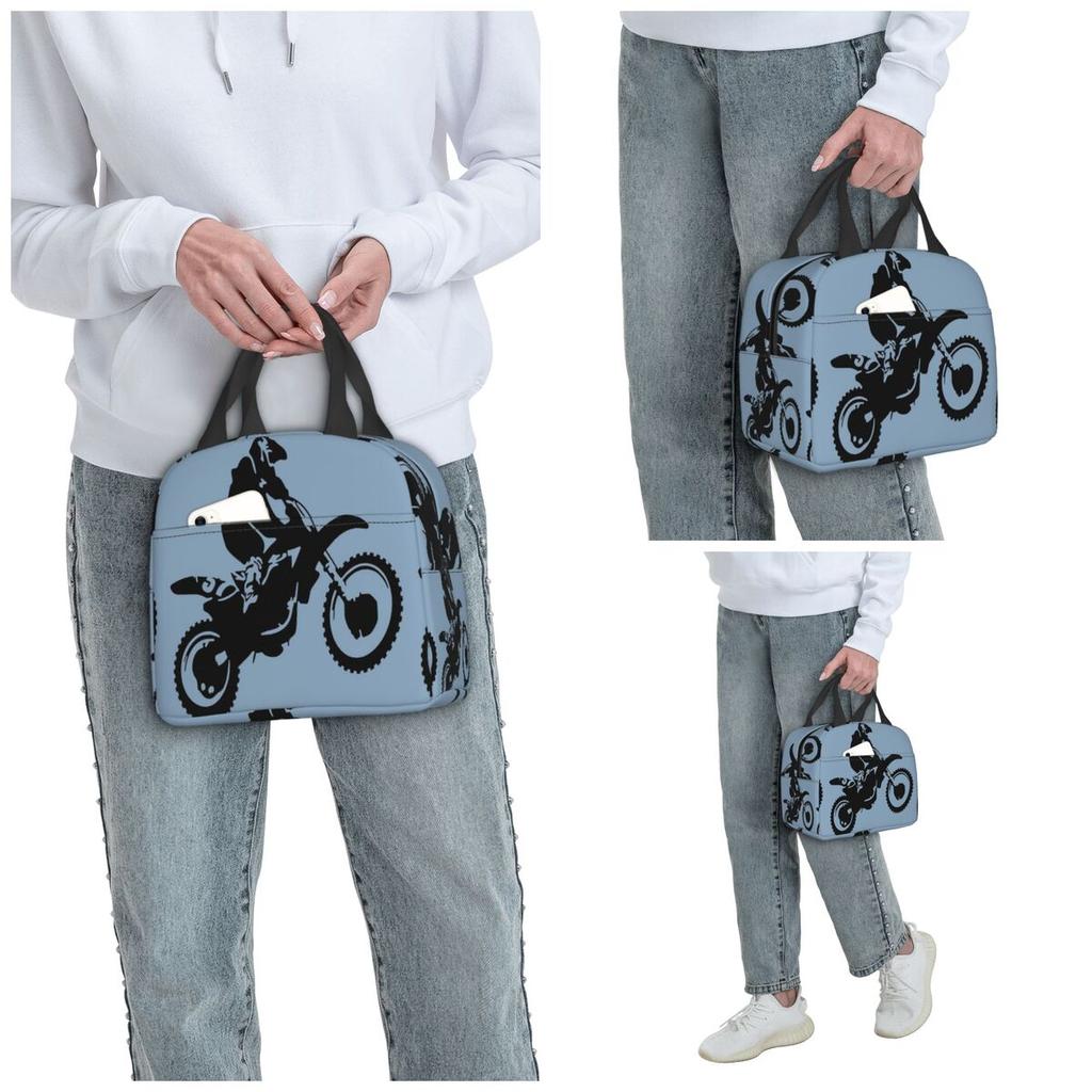 Moto X Dirt Bike Monochrom Vektorgrafik Isolierte Lunchtasche für Damen Büro Kühltasche Thermische Lebensmittelbox Tragetasche Lunchboxen Behälter