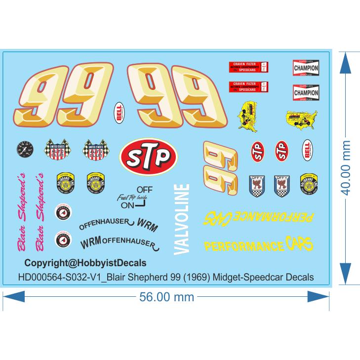Blair Shepherd '99' Midget-Speedcar Decals - 1/24 1/32 1/64 - Water Decal - Waterslide, 1/24