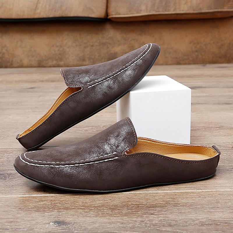 FashionGenuine Leather Mens Casual Shoes Slip On Fashion Muller Shoes Handmade Light Loafers Outdoor Breathable Slippers Man Half Flats