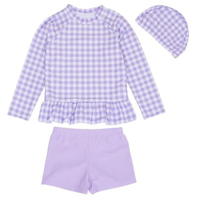 Swimsuit for Long Sleeve Rash Swim Sun Purple Check [Teddy] Kids' Girls, Guard, Shorts, Cap, 3-Piece Set, Protection, Kids464, 110cm,