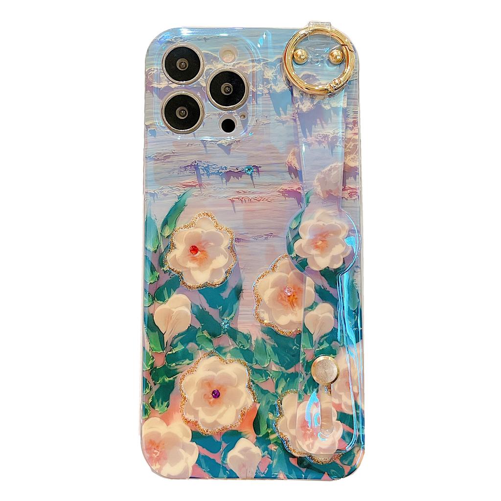 Applicable To Xiaomi 13lite Blue Light Rhinestone Mobile Phone Case Oil Painting Flower Red Rice Note12 Wrist Strap Bracket Crossbody