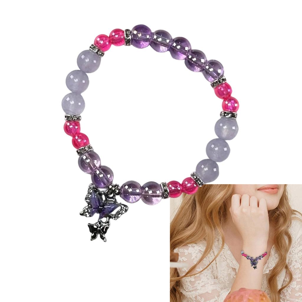 Sweet Crystal Beaded Bracelet Butterfly Pendant Handchain for Women Fashionable Friendship Wristchain Wrist Jewelry