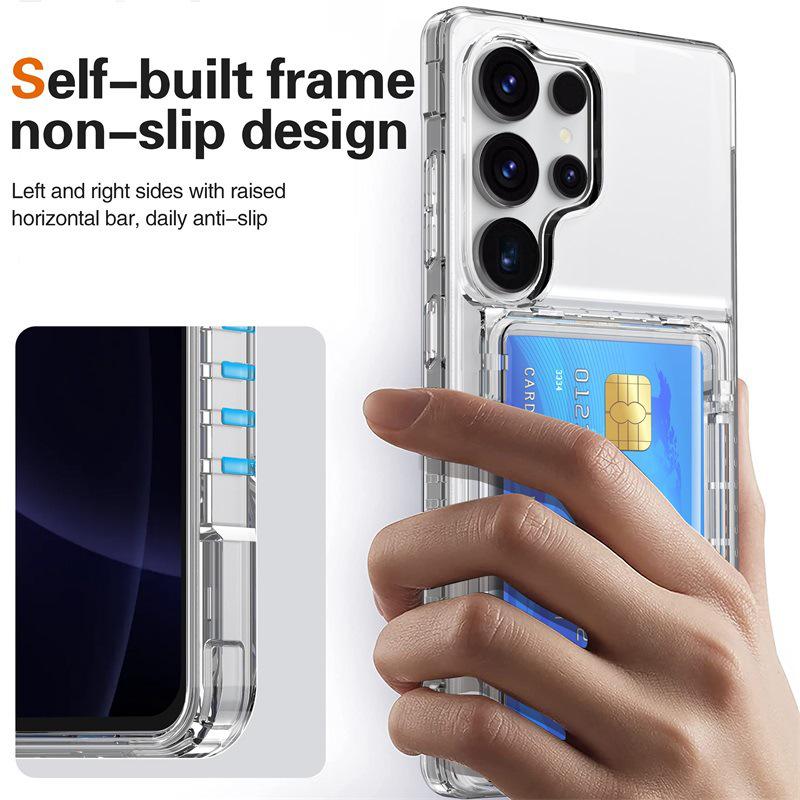 Samsung Galaxy S25 Ultra Transparent Flip Phone Case with Card Holder and Drop-proof Protection.