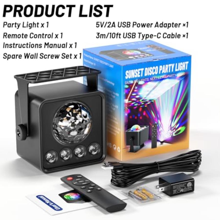 Disco Ball Party Lights Disco Light Sunset Lamp Projector with RGB UV White YGB Sound Activated LED DJ Strobe Stage Light for H