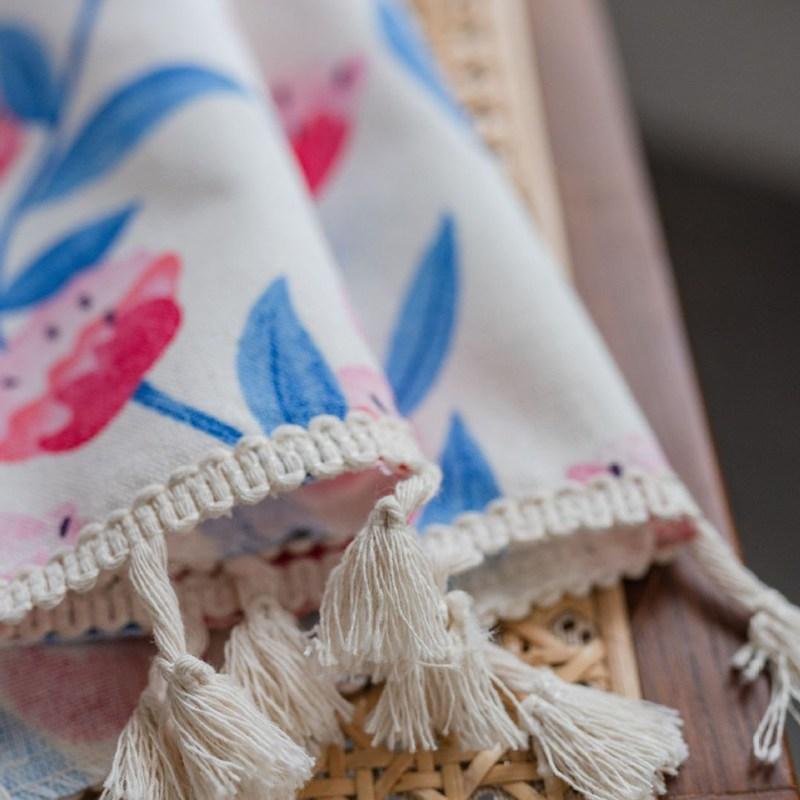 Bohemian Style Cotton Linen Small Floral Printing Tassel Window Curtain Blackout Valance Bedroom Living Room Semi-shading Drape