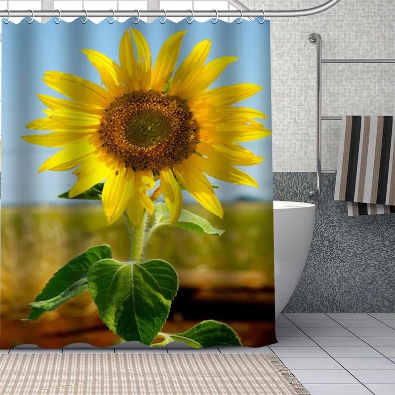Frische Natur Sonnenblumen Kunstmuster Duschvorhang Badezimmer Dekoration Wasserdicht Polyestergewebe Badewannen-Bildschirm Mit Haken
