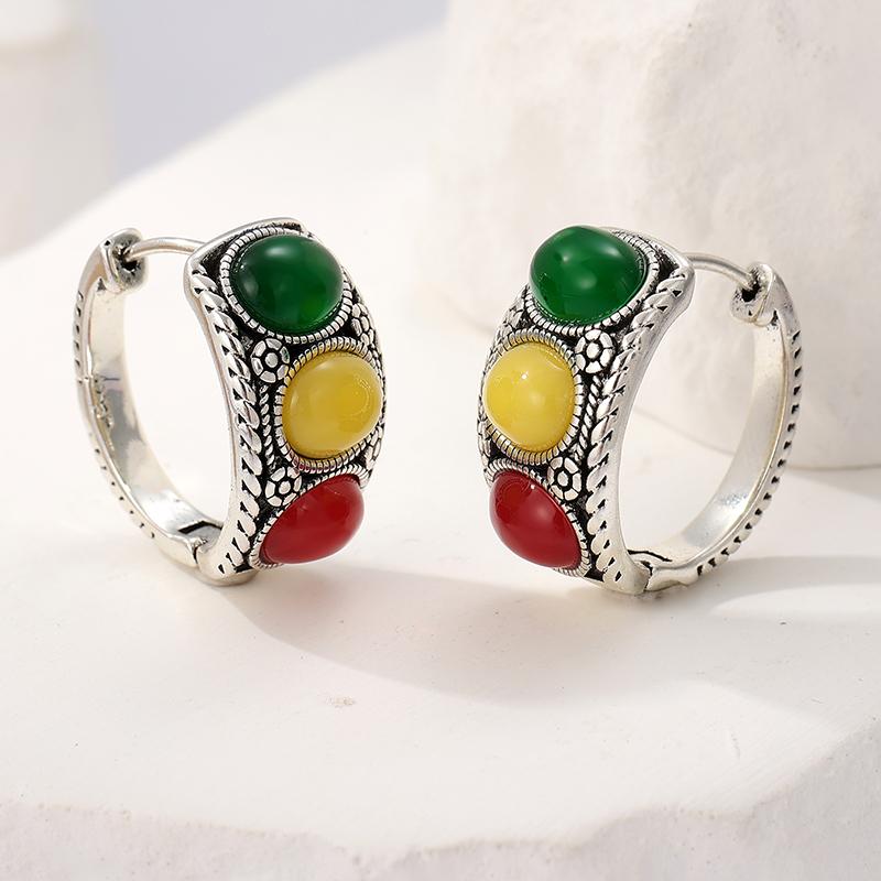 Vintage Silvery Plated Hand Carved Texted Colored Synthetic Turquoise Hoop Earrings Women Bohemian Style Banquet Jewelry Crafts