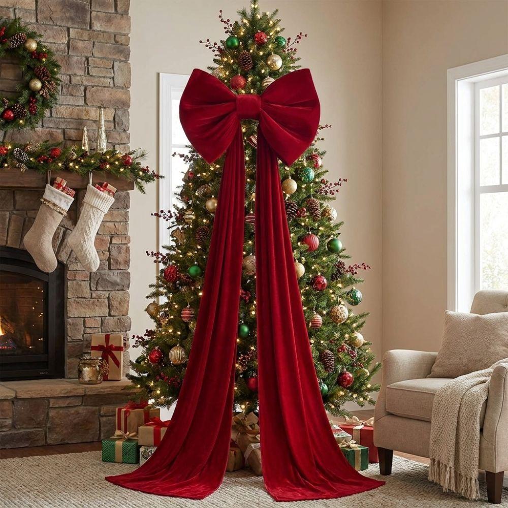 Soft Draping Christmas Tree Topper Bow Solid Color Tree Bow with Long Tails Front Door