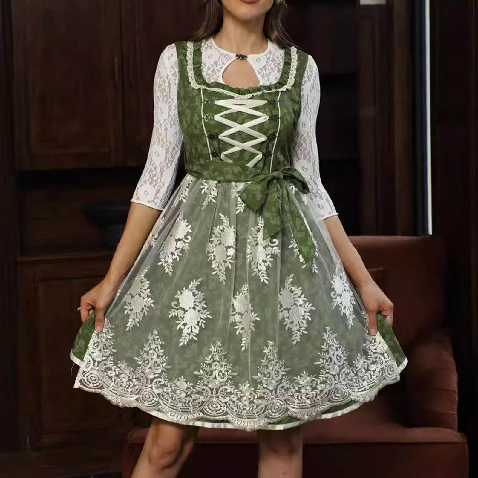 

Костюм для пивного фестиваля Баварский женский костюм для выступлений Платье с квадратным вырезом и цветочным принтом(Без кружевной подкладки) XS