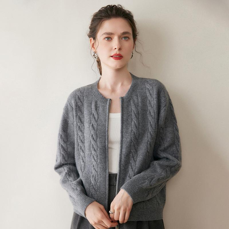 Women's Thick Cable Knit Cashmere Cardigan - Round Neck Zipper Sweater for Autumn/Winter