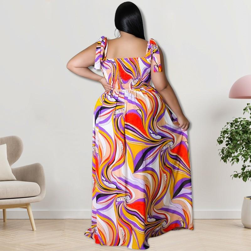 Plus Size Womens Off-Shoulder Ruched Strap Maxi Dress With Bow Print Milk Silk Sleeveless Flowy Skirt Streetwear