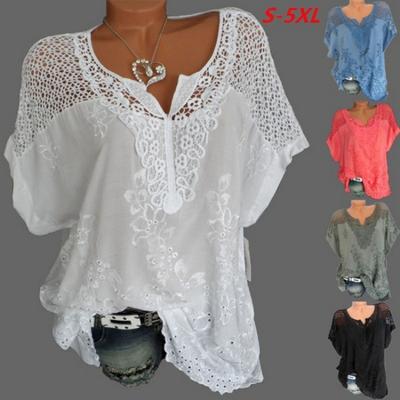 Fashion Lace V-neck Embroidered Short Sleeved Women Blouse Loose Casual Plus Size Office Shirt Elegant Simple Solid Color Tops Women's Clothing