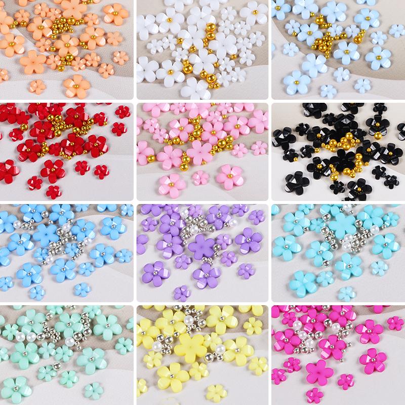 1 Set 3D Acrylic Flower for Nails Charms Summer Decoration Rhinestones Pearl Beads Parts Nail Supplies Accessories Mixed 3/6mm