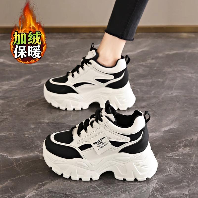 Women's shoes autumn and winter platform dad shoes small inner height increase velvet cotton shoes leather surface casual sports