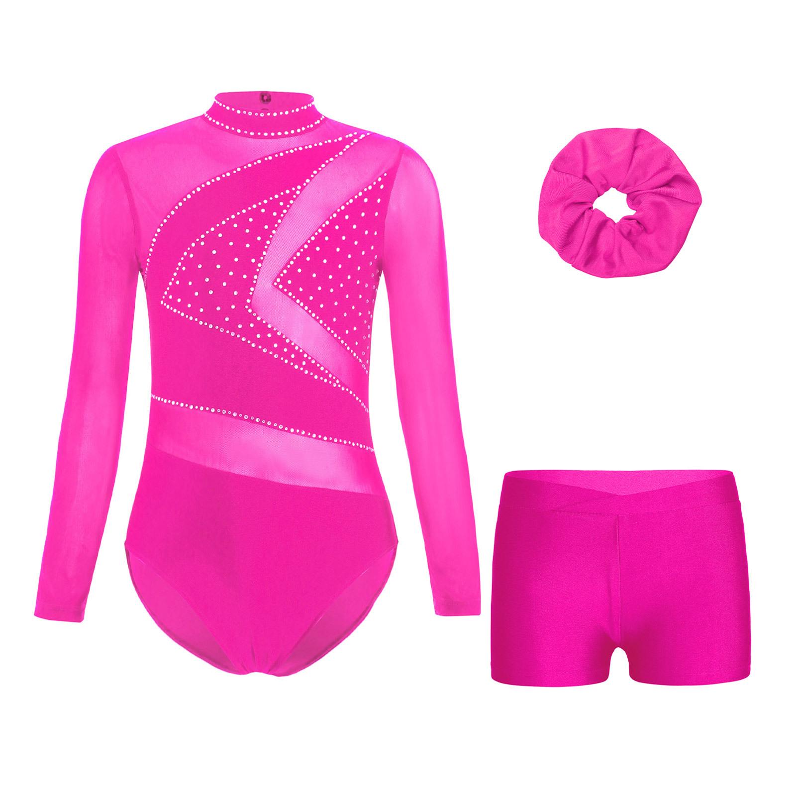 

Girls Mesh Long Sleeve Cutout Back Sparkly Rhinestone Leotard V Front Waistband Shorts Hairband Gymnastics Set 5-6 Years гарячі рожевого кольору