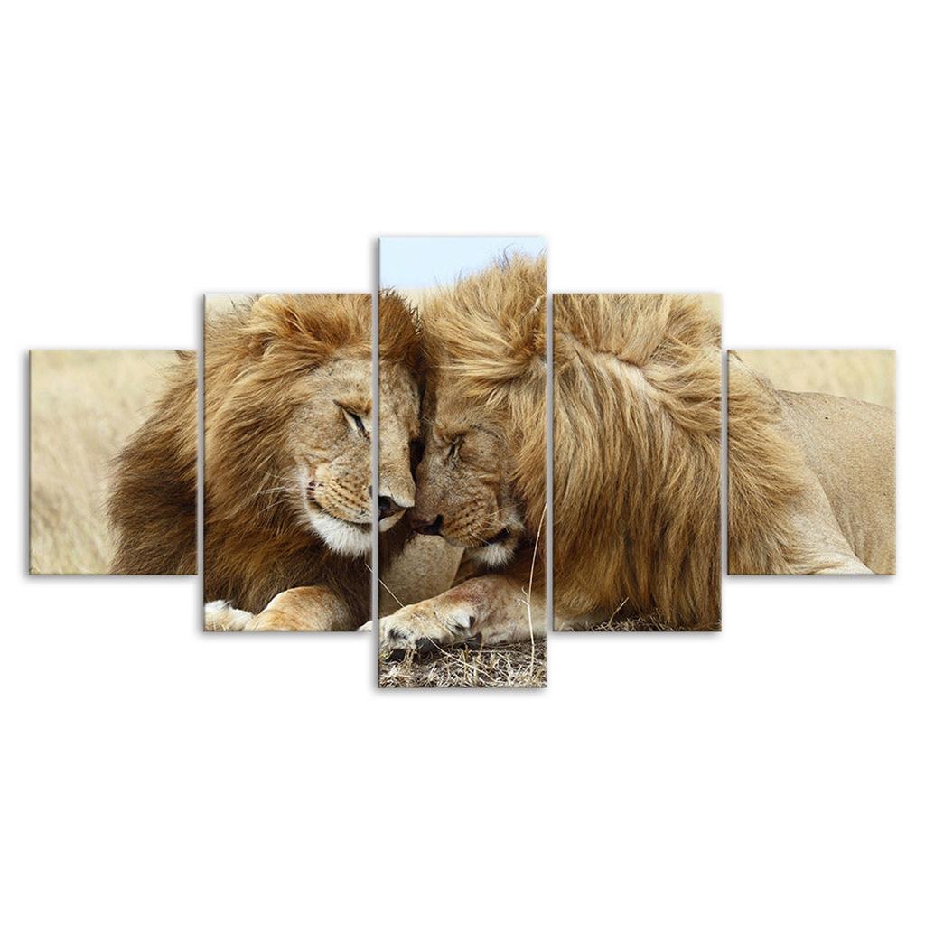 Lion Couple Loving Wild Animal Scene 5 Piece Five Panel Wall Canvas Print Pictures Modern Art Poster Home Decor Gift For Him For Her