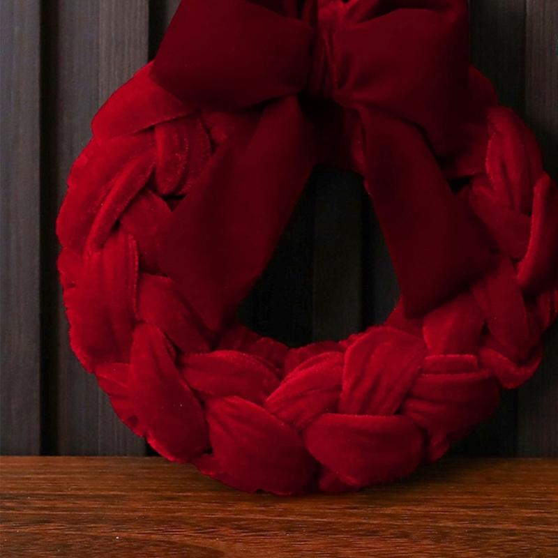 Stoffschleifen-Kranz für Weihnachten, handbezogen, weinrote runde Feiertagsdekoration, benötigt kein Werkzeug, für Astgabeln und Türknäufe