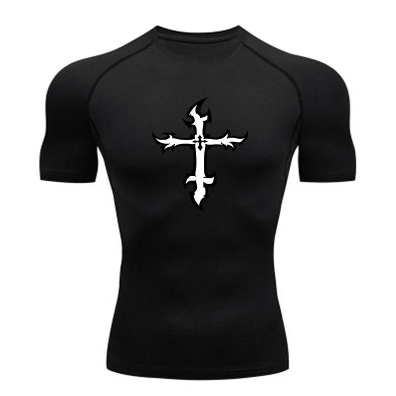 Men's Compression Athletic T-Shirt, Gothic Tribal Cross Prin