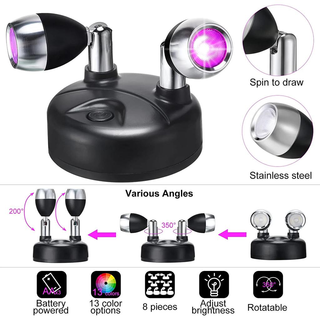 2Pack Remote Wireless LED Spotlights Rotatable Accent Lights Battery Powered Puck Picture Lights Indoor Closet Lights Wall Lamp