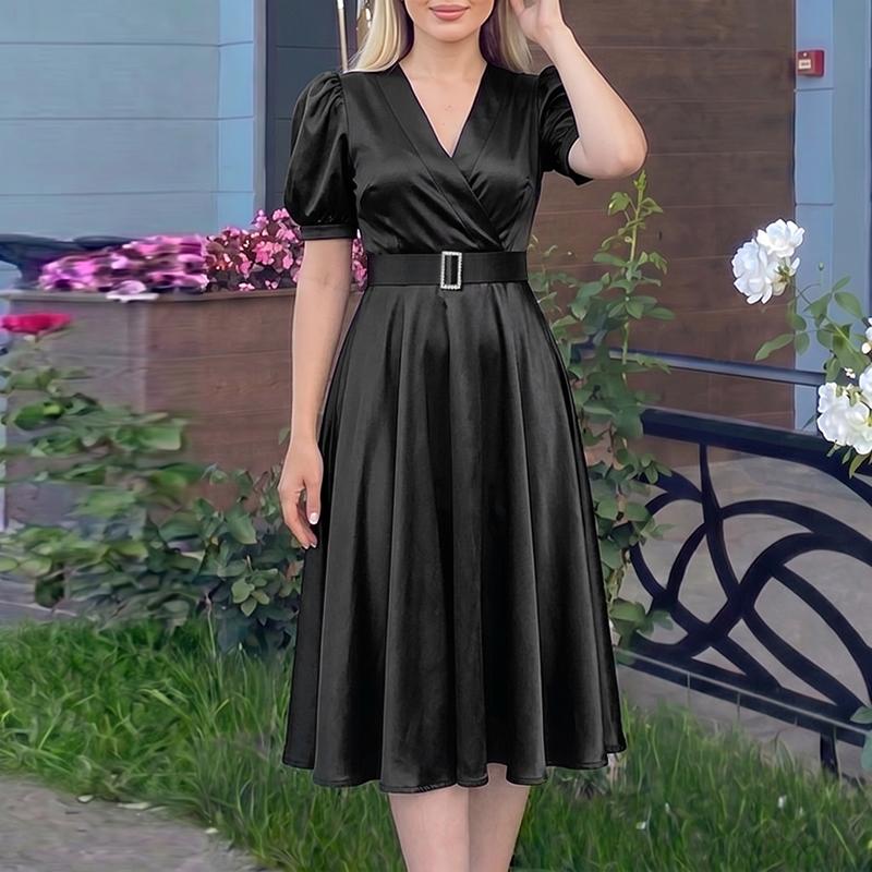 ZANZEA Women Elegant V-Neck Solid Color Short Sleeve Satin Dress S чёрный