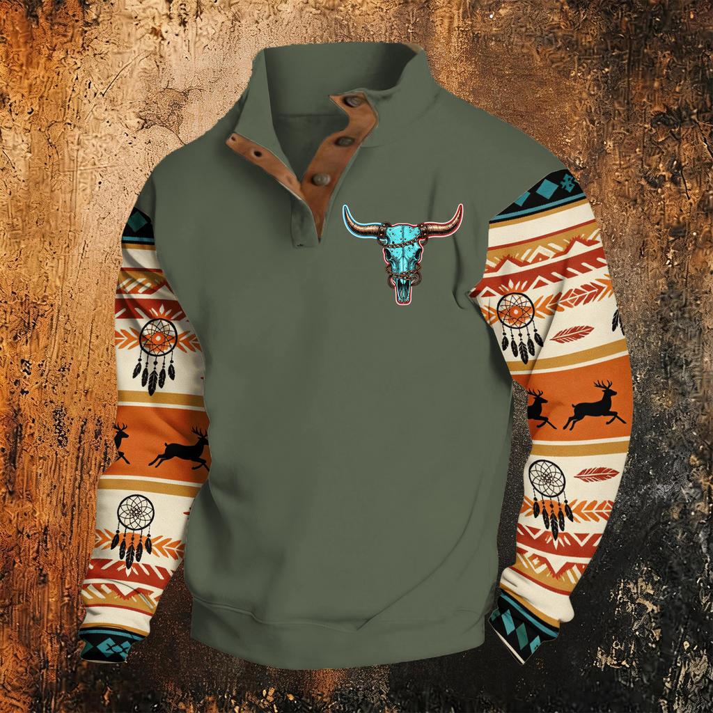 Men's Western Hooded Sweatshirt Long Sleeve Pattern Print Pullover