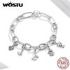 WOSTU 925 Sterling Silver Cute Cat Animal Charms Pendant for Original 3mm Bracelets & Necklaces