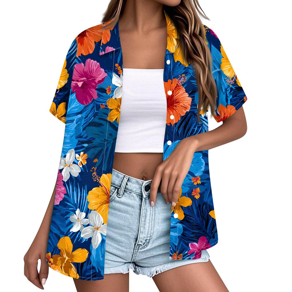 Women's fashionable casual Hawaiian print short-sleeved button-down collar shirt top