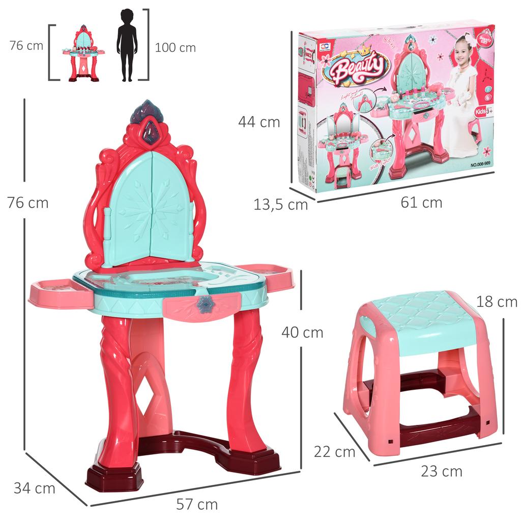 Child Girl Dressing Table With Stool Mirror Light Music Accessories 3 6 Years Old 57x34x76cm Multicolor