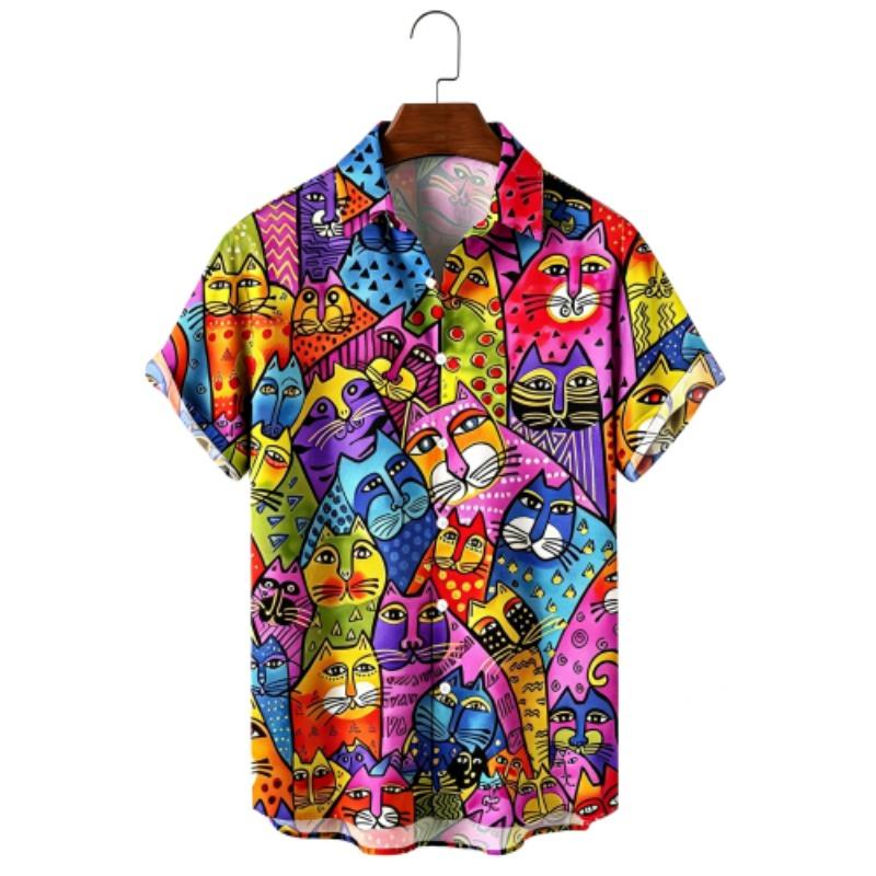 Summer Fashion Funny Colorful Cartoon Cat Printing Shirt Hawaiian Beach Vacation Clothing Men's Street Style Shirt Daily Men's and Women's Shirt