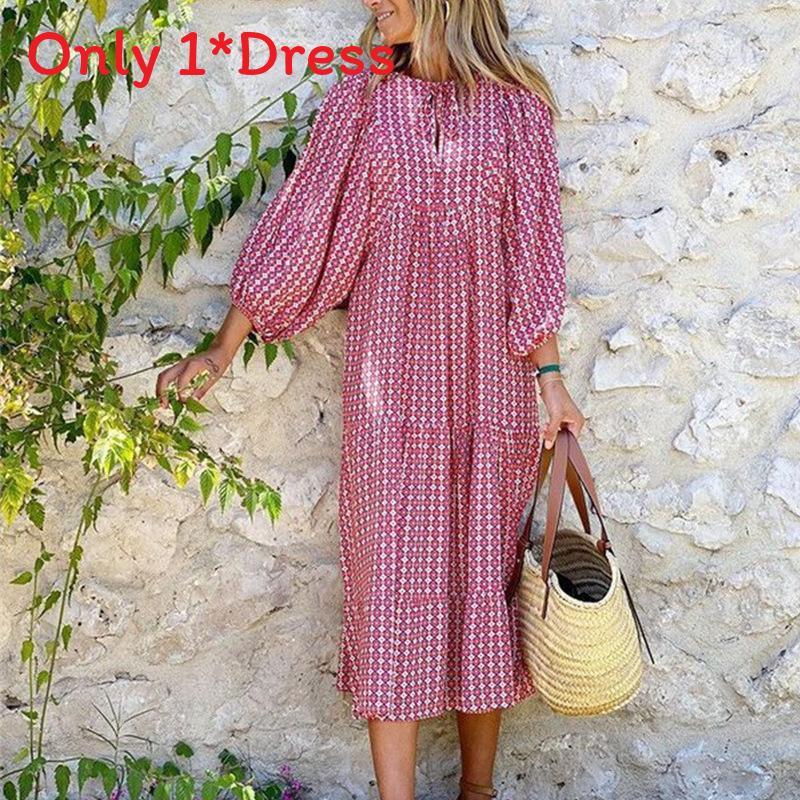 Bohemian Style Printed Lantern Sleeve Loose Maxi Dress For Casual Travel Women