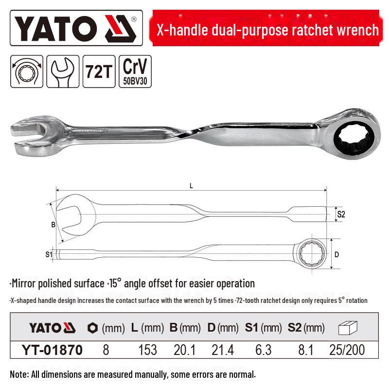 

Ключ-трещотка двойного назначения YATO X-Handle, хром-ванадиевая сталь, дизайн «цветок сливы»
