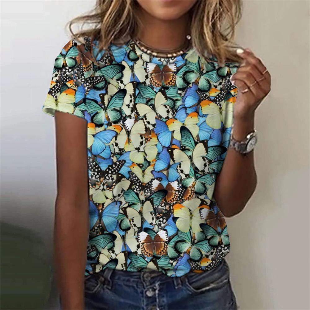 3D-printed Women's Butterfly T-shirts, Colored Insect Printed T-shirts, Summer Casual Short-sleeved Round-neck Loose T-shirts