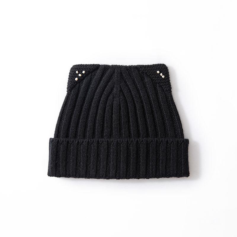 

Pure Cashmere Autumn and Winter New Style Women s Cute Cat Ears Pearl Striped Cuffed Thickened Knitted Hat One Size