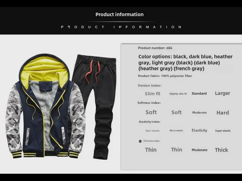 Men's Winter Thick Velvet Camouflage Sports Sweater Set, Plus Size D66