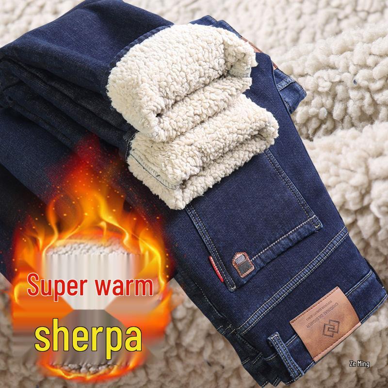 Men's Elastic Straight-Leg Thickened Jeans with Velvet Lining for Autumn and Winter