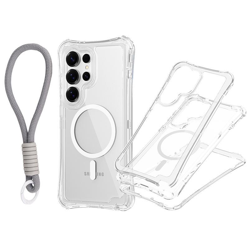 For Samsung S25 Ultra Magnetic Transparent Triple-Function Phone Case with Wrist Strap