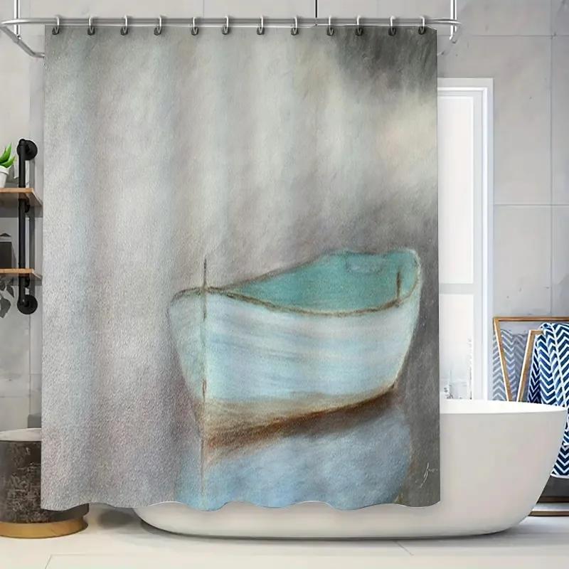 

Whimsical Boho Bathroom Shower Curtain Blue Boat Print Waterproof Fabric For Bathrooms Decorations Easy Installation And Quick D W60H190(CM)-1 Pcs