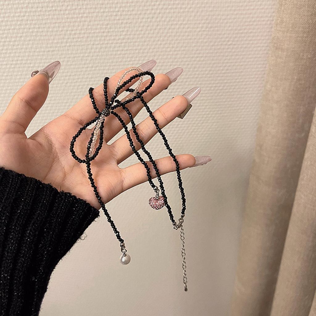 Perlenketten Schleifenförmige Schlüsselbeinkette Rosa Schwarz Kontrast Choker Herz Perle Anhänger Halskette Böhmischer Schmuck Frauen