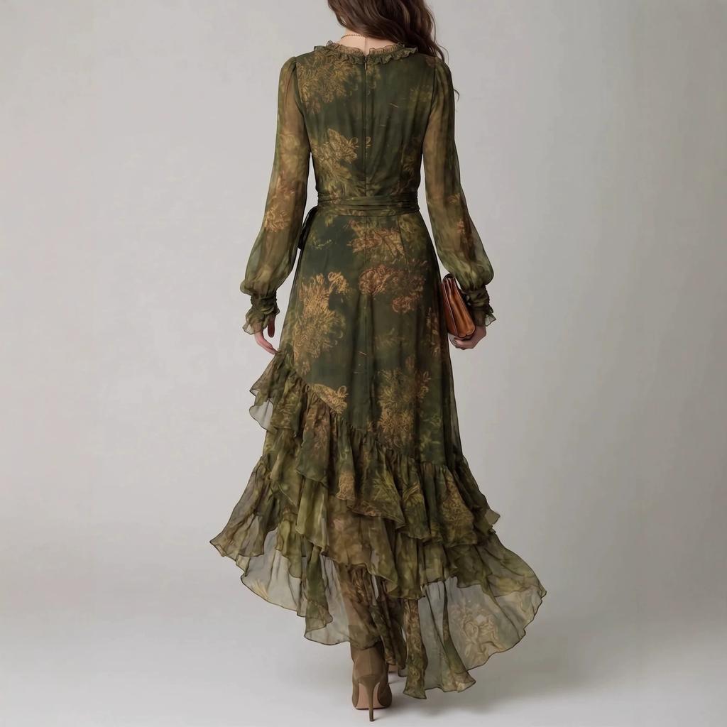 New Chiffon Printed V-neck Floral Pendulum Dress In Autumn, Europe and the United States