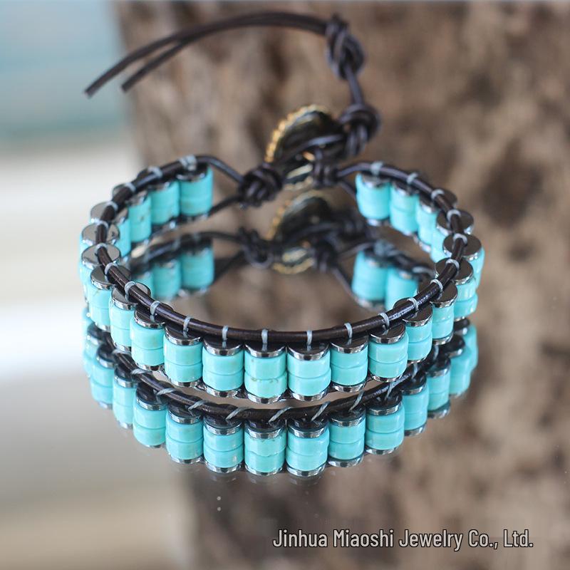 Бирюзовый Натуральный Камень Бохо Винтажный Браслет из Коровьей Кожи на Шнурке