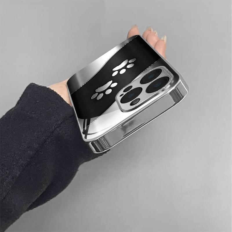 Black Silver Cute Paw Print Curve Pattern Tempered Glass Phone Case For iPhone 17 16 15 14 13 12 11 Pro Max 16 Plus 17 Air Cover