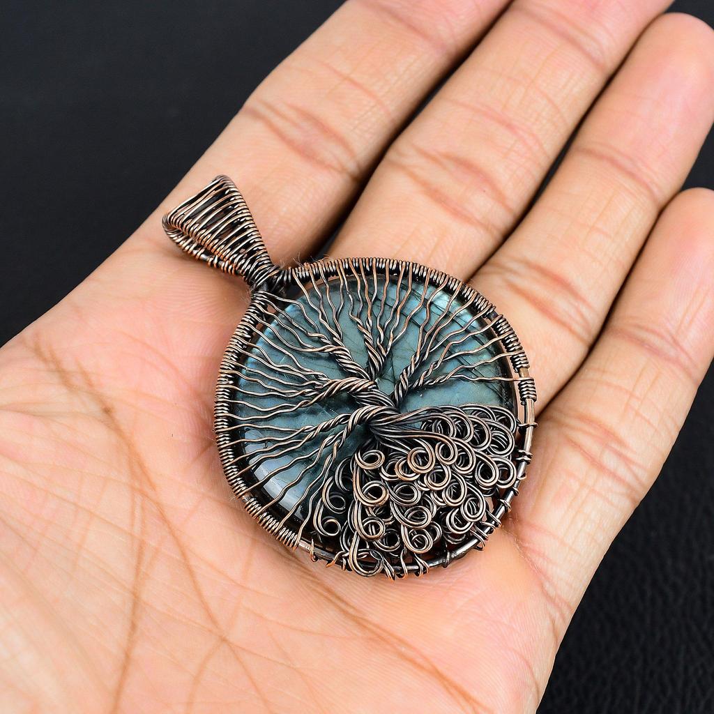 Tree Of Life Labradorite Pendant, Handmade Gemstone 999 Copper Wire Wrapped Pendant Antique Jewelry, For Gift Silver Jewelry