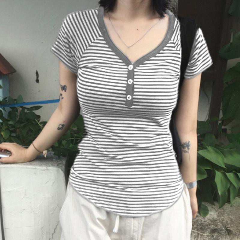 VAYLA Korean Fashion Striped V-Neck With Buttons Slimming T-shirts Women's Summer Short Sleeve Top Tees Y2K Aesthetics New