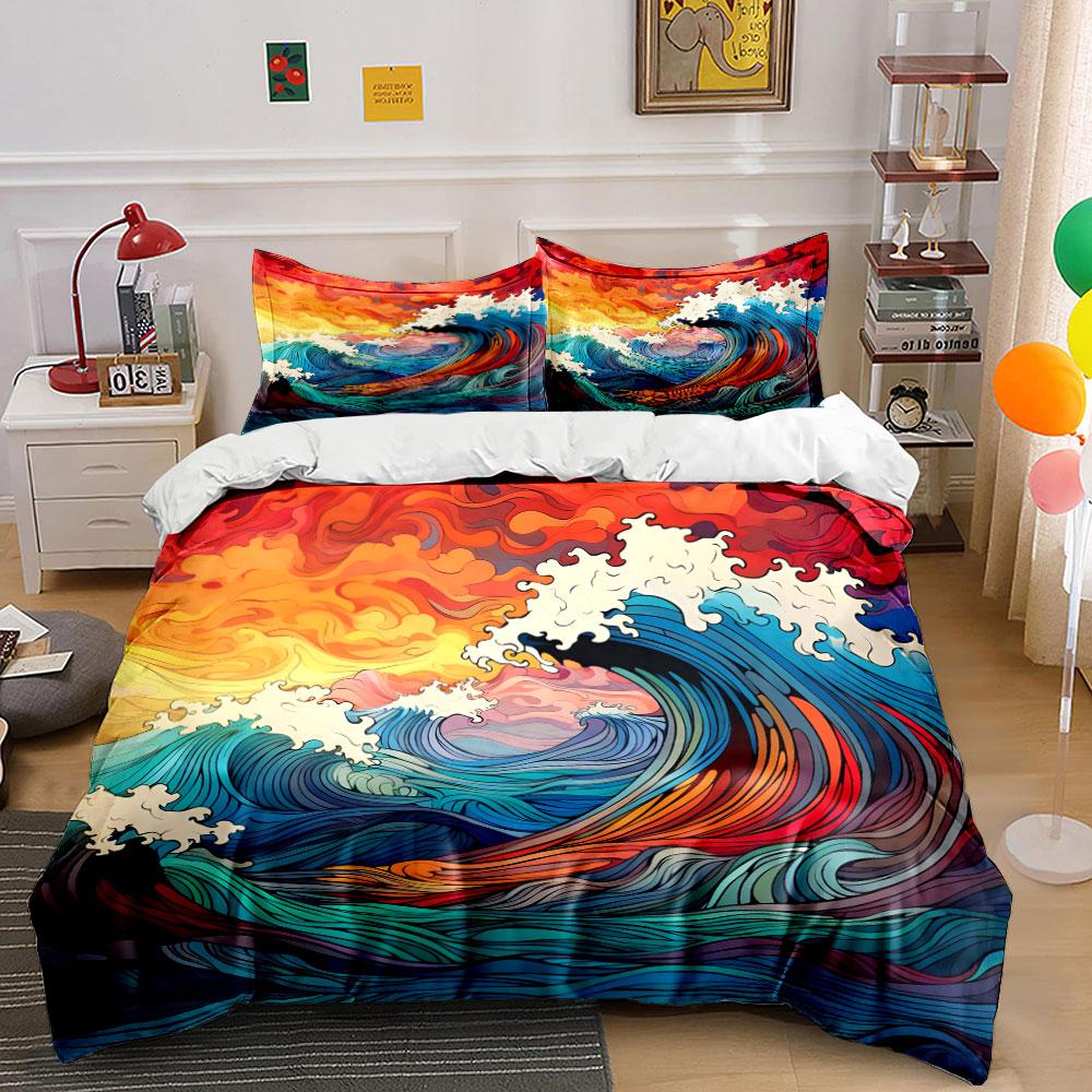 Ocean Waves Art Decor Set Bedding Set with 1 Duvet Cover 2 Pillowcases Single Double King Queen, Gift