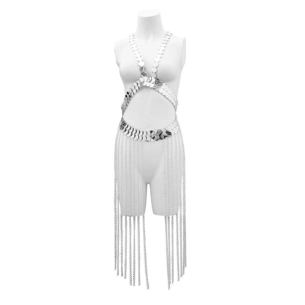Night Club Style Metal Chain Fringed Clothing, Cross Sequins Splicing Integrated Body Chain Women