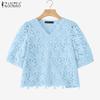 ZANZEA Women Summer V-Neck Short Sleeve Casual Lace Patchwork Blouse